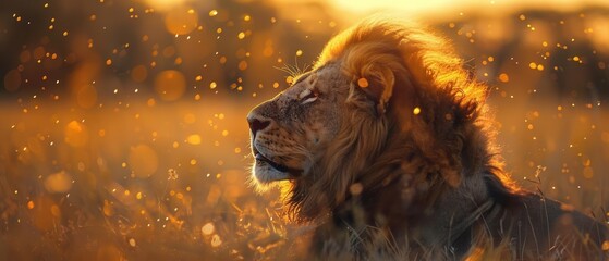 Majestic lion in lush savanna, golden sunlight, low angle shot, vibrant colors, closeup on lions face, natural beauty
