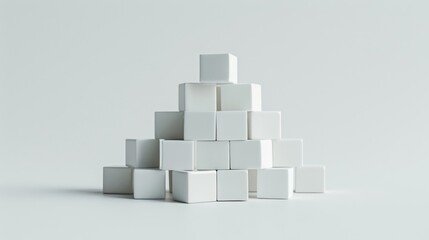3D abstract composition of white cubic blocks forming a pyramid on a white background.