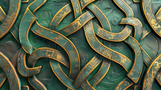 3D ornate Celtic knotwork in intricate gold and green design against textured backdrop