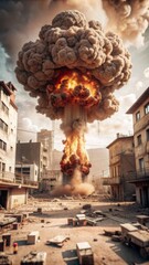Fototapeta premium City explosion with mushroom cloud, intense and destructive, devastation of cityscape