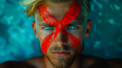 Closeup of a young man with a bright red painted large X on his face, depicting a cancel culture towards online influencers