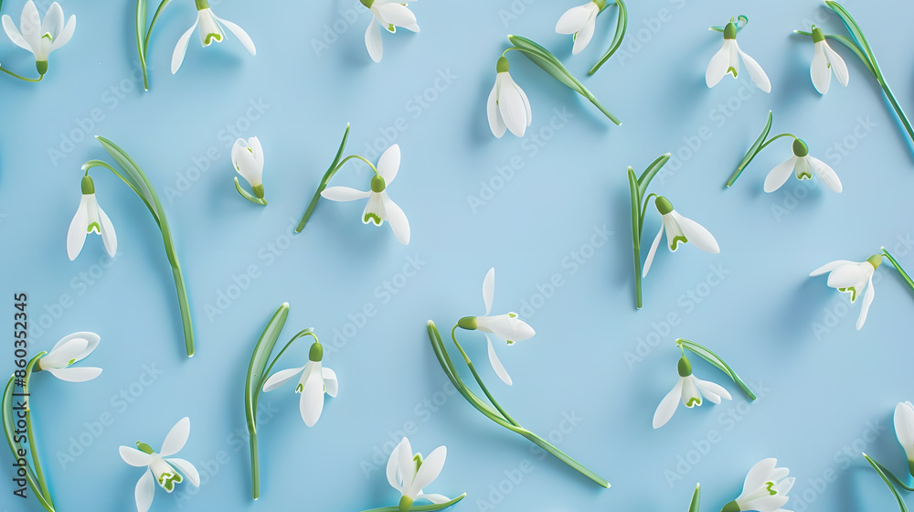 Poster creative layout made with snowdrop flowers on bright blue background flat lay spring minimal concept