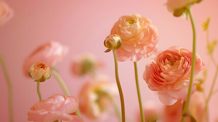 Obraz premium Flowers and buds of apricotcolored ranunculus on stems on a background of apricot crush color Delicate floral background in the trend color of the year 2024 peach fuzz pantone : Generative AI