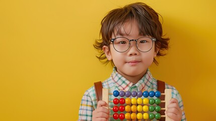 Adorable Child with Glasses Holding Colorful Abacus Against Yellow Background