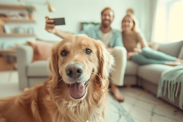 Dog Watching a Couple Take a Selfie in a Cozy Living Room Setting