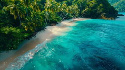 A tropical beach with palm trees and turquoise water.