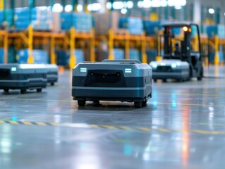 Autonomous Robots In Warehouse navigating and transporting goods efficiently.