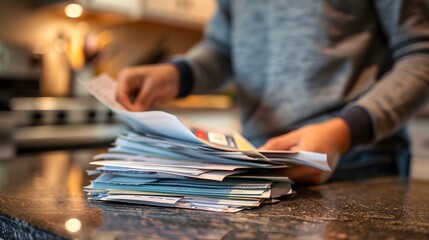 Checking the Mail: Hands sorting through a stack of mail on a kitchen counter.