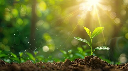 A beautiful green little plant coming out of the earthen soil with a beautiful blurred green background with sunbeams