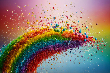 Rainbow sprinkles creating arch on pastel background