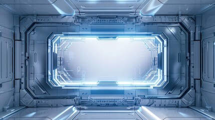 Obraz premium Futuristic Abstract Sci-Fi Interior with Neon Lights and Metallic Surfaces in a High-Tech Environment