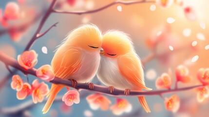 Two birds on a branch with vibrant bokeh background. Love concept.
