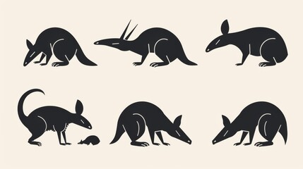 This image shows a collection of stylized black marsupial silhouettes against a cream background, depicting various poses