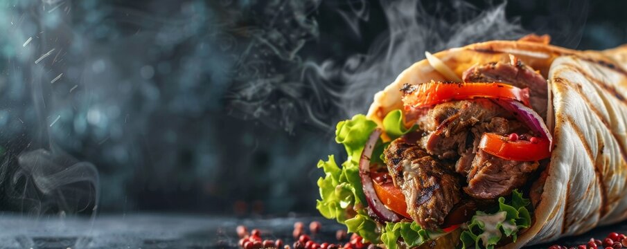 grilled beef or chicken shawarma doner sandwich with smoke, hot ready to serve and eat food commercial advertisement menu banner with copy space area	