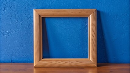 wooden portrait frame on blue wall