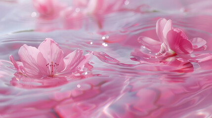 Obraz premium Pink aquatic transparent water texture with ripples and drops and pink flowers Water background : Generative AI