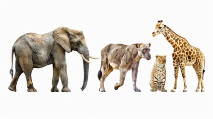 A seamless image displaying various wild animals standing in a lineup, separated by white space