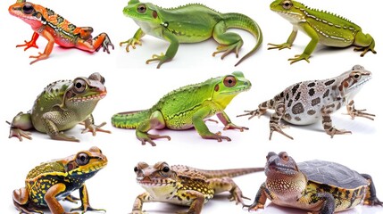 A variety of vividly colored frogs and a single lizard, all pictured separately on a white background