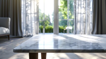 A marble table with dark wood legs in the foreground, set against an out-of-focus living room background with large windows and curtains.