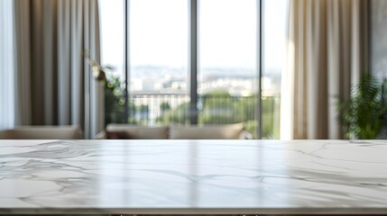 Fototapeta premium A marble table with dark wood legs in the foreground, set against an out-of-focus living room background with large windows and curtains.