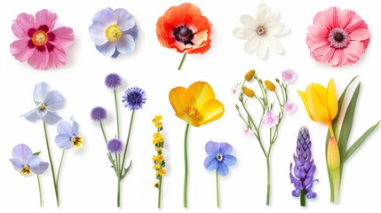 The image shows a collection of diverse flower species with each flower isolated on a white background