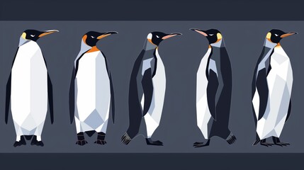 Obraz premium Five penguins standing in a row, each with distinct geometric shapes, against a dark background