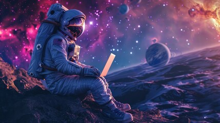 Obraz premium Digital nomad astronaut on glowing asteroid with laptop, Galaxy view, Futuristic space workspace
