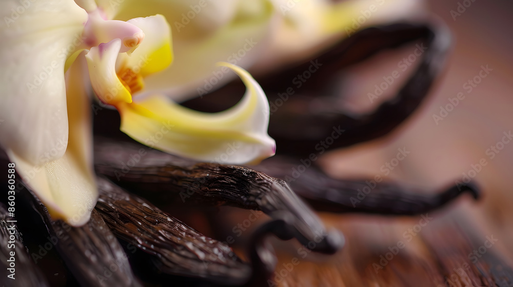 Poster vanilla flowers and pods close up vanilla beans over wooden background macro shot aromatic condiment
