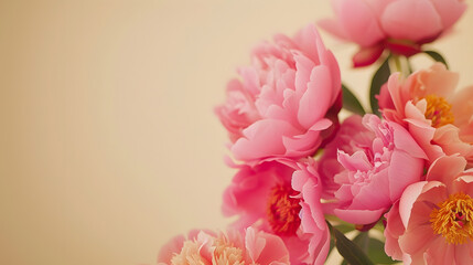 Fototapeta premium Frame of beautiful peonies on beige background Mothers day or other holiday background : Generative AI