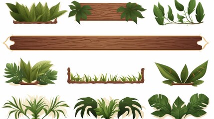 Set of wooden signposts adorned with various types of green foliage for natural-themed designs