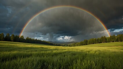 Fototapeta premium A rainbow arching over a tranquil, emerald-green meadow ai_generated