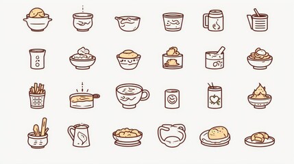 Artistic set of various hand-drawn icons representing food and beverages, ideal for cafe menus or food blogs