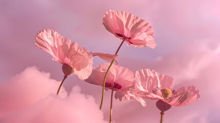 Beautiful pink poppy flowers in pink colored clouds concept of spring : Generative AI