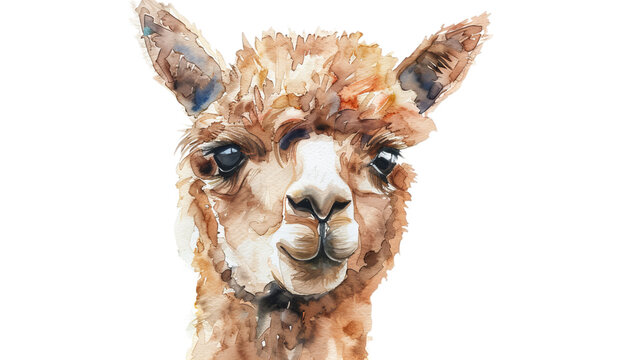 watercolor alpaca closeup isolated on white