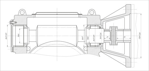 Vector assembly drawing of cylindrical worm reducer. 
Steel mechanical device with shaft, gear, electric engine, 
bolted connection and dimension lines. 
Engineering cad scheme. Technical template.