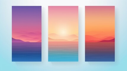 A set of three art prints featuring stylized mountain landscapes with a beautiful gradient from dawn to dusk