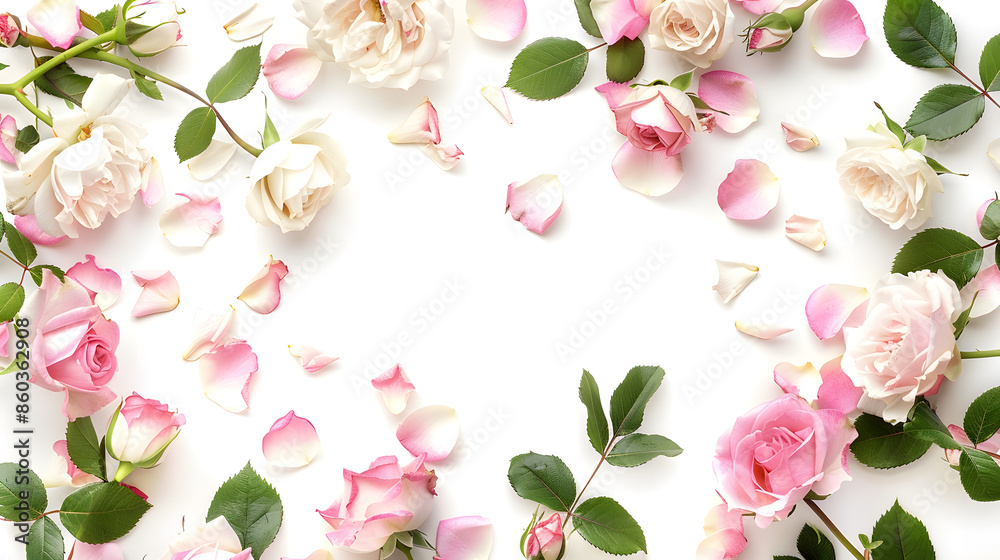 Poster flat lay frame with pink and white roses branches leaves and petals isolated on white background top