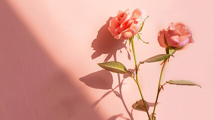 Obraz premium Natural flower shadows are blurred on light pink rose pastel color wall at home at sunrise Cosmetic organic with minimal concept : Generative AI