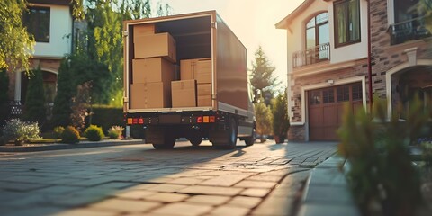 Moving truck unloading boxes and furniture near house for relocation. Concept Moving, Truck, Unloading, Boxes, Furniture