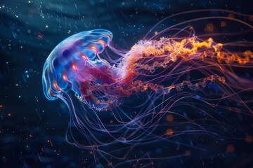 Obraz premium Jellyfish with bioluminescent tentacles drifting in a dark ocean, symbolizing the fluid and glowing nature of creativity. 