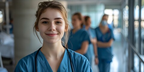 High-Quality Photo of a Young Nursing Student in Scrubs with Team in Hospital. Concept Nursing Student, Scrubs, Hospital Team, High-Quality Photo, Professional Portrait