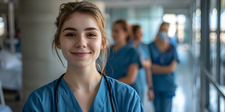 High-Quality Photo of a Young Nursing Student in Scrubs with Team in Hospital. Concept Nursing Student, Scrubs, Hospital Team, High-Quality Photo, Professional Portrait