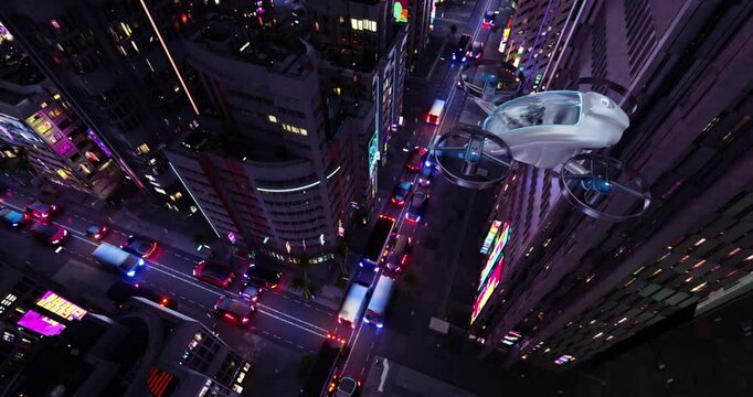 Urban Mobility Contrasts: EVTOL Flying Over Bustling City Center While Electric Cars Jammed on Roads Below