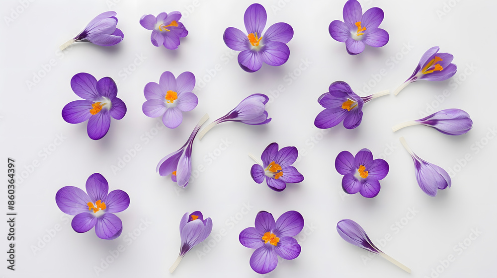 Poster violet crocuses on a white background spring flowers top view flat lay : generative ai