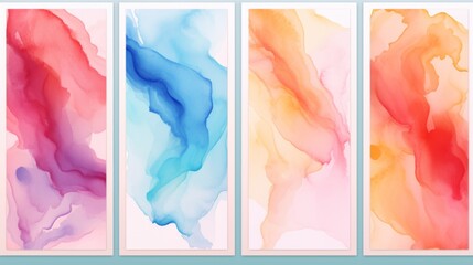 Four watercolor paintings with abstract ink splash designs in pink, blue, and orange