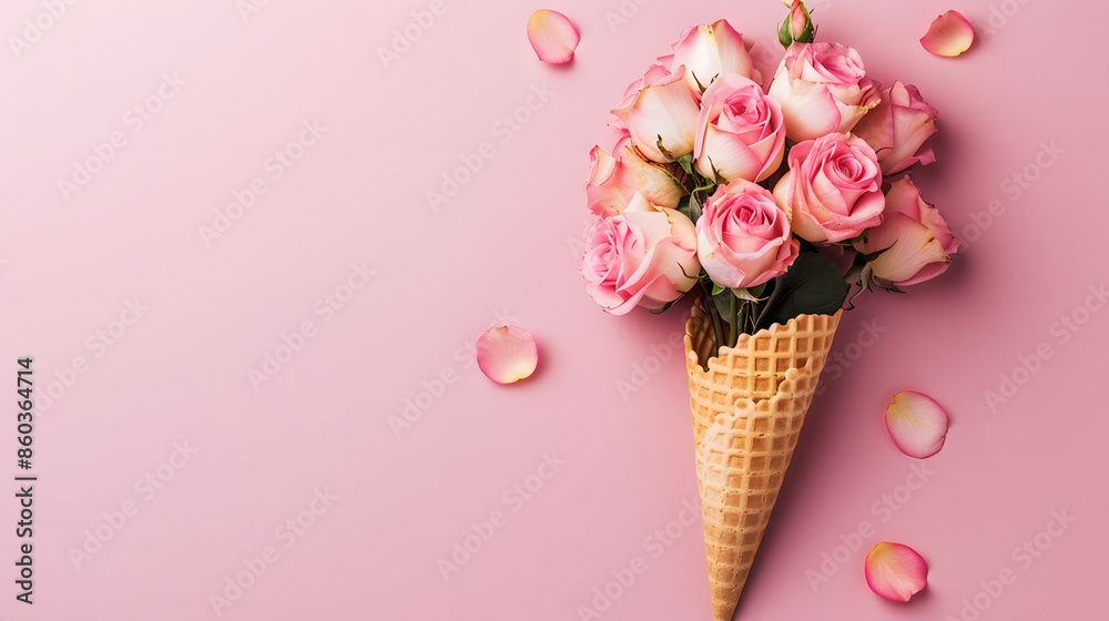 Poster waffle cone with roses bouquet on pink background flat lay top view : generative ai
