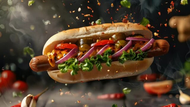 A hot dog with multiple toppings on a bun, ready for consumption.