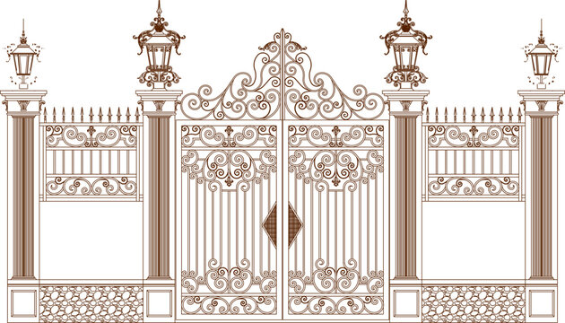 Vector silhouette illustration sketch, detailed drawing of fence gate silhouette design 0full of ornaments, frame, background, old classic vintage ethnic traditional floral decoration