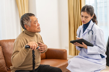 Portrait of smiling caring asian doctor service help support discussing and consulting taking care, caring, caregiver with senior elderly asian man at home visit.senior retirement home care