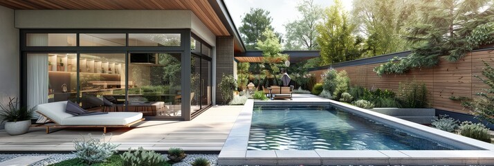 3D Rendering of Contemporary Backyard with Wooden Fence, Grey Pool, and White Loungers, Featuring an Outdoor Dining Table and Home Interior View